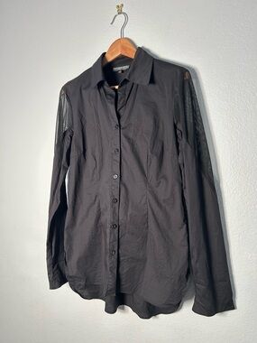 Mishca Classic Black Button-Down Shirt with Sheer Sleeve Panel & tailored fit